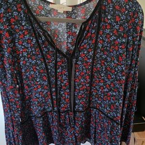 LOFT Black Blouse with Red and Blue Floral Design